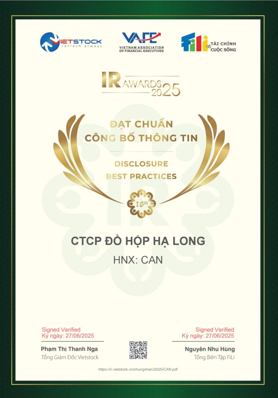 Halong Canfoco tiếp tục được vinh danh tại IR Awards 2025
